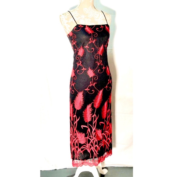 Y2K Francesca Caretti Black Red Floral Embroidered A-Line Midi Cocktail Dress~4~ - Picture 5 of 12